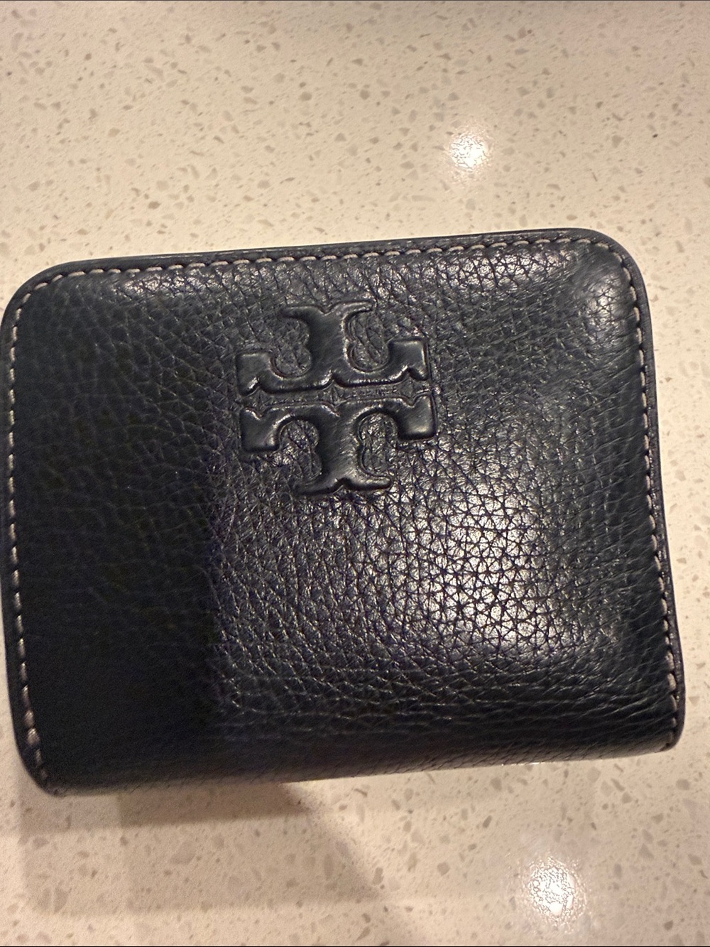 Tory Burch Navy Pebbled Leather Zip-Around Wallet with Logo
